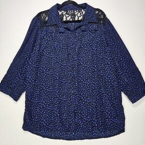 New Woman Design Black snd Blue Polka Dot Lace Detail Blouse Size 2X